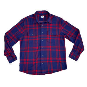 Fair Harbor Dunewood Ultra Stretch Flannel Shirt Mens L Plaid Blue Red Button Up